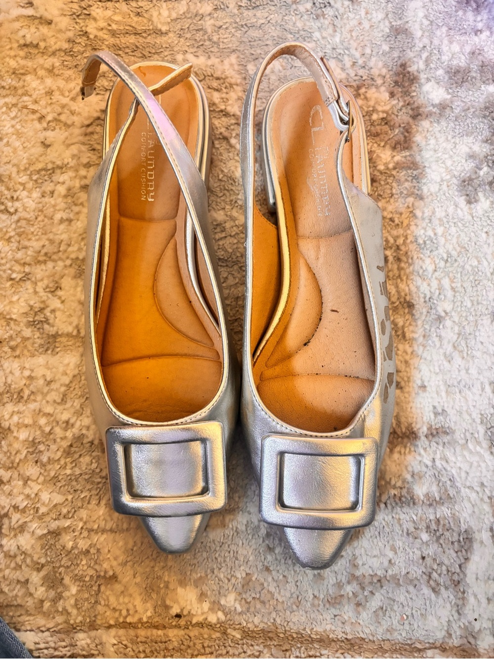 CL by Laundry Metallic Silver Pointed Slingback Flats with Square Buckle